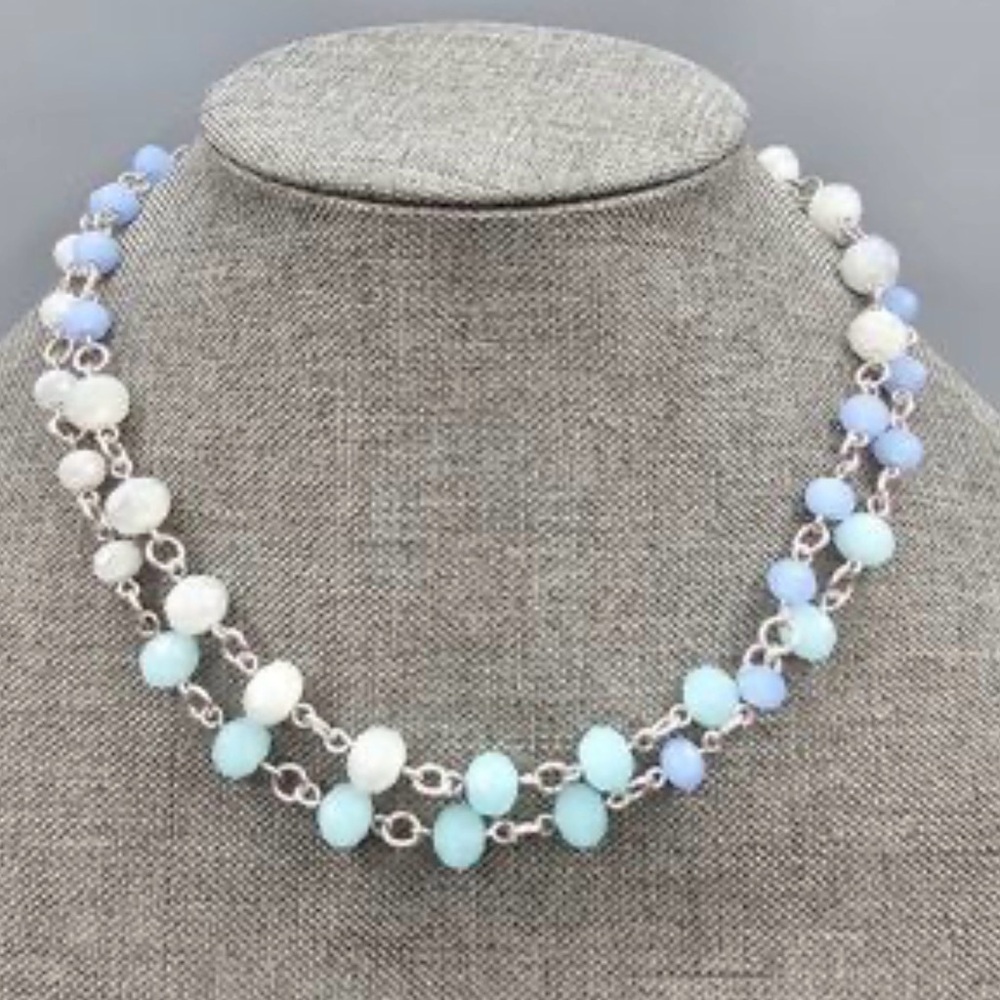 premier design Blue White Beaded Necklace Silver Tone Station Acrylic Beads Loop